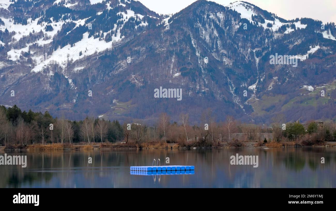 Floating island on quarry pond with reflection in water and mountains in background in winter at Pasepls Baggerloch in Feldkirch, Austria Stock Photo