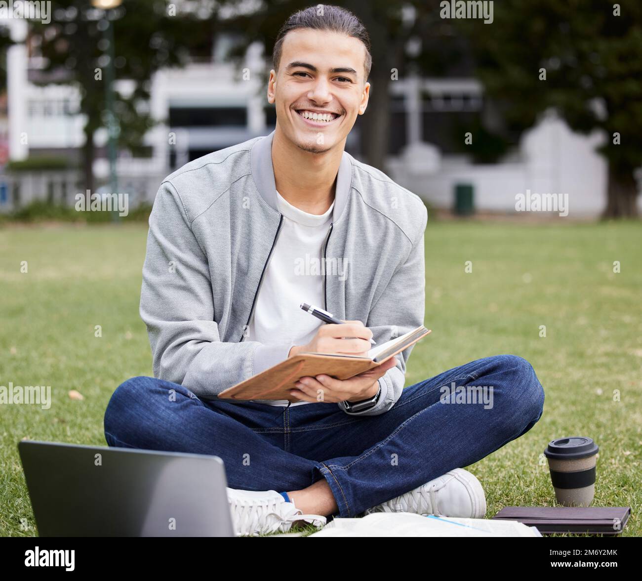 Study, laptop and student portrait in park writing at university ... - Study And Relaxation
