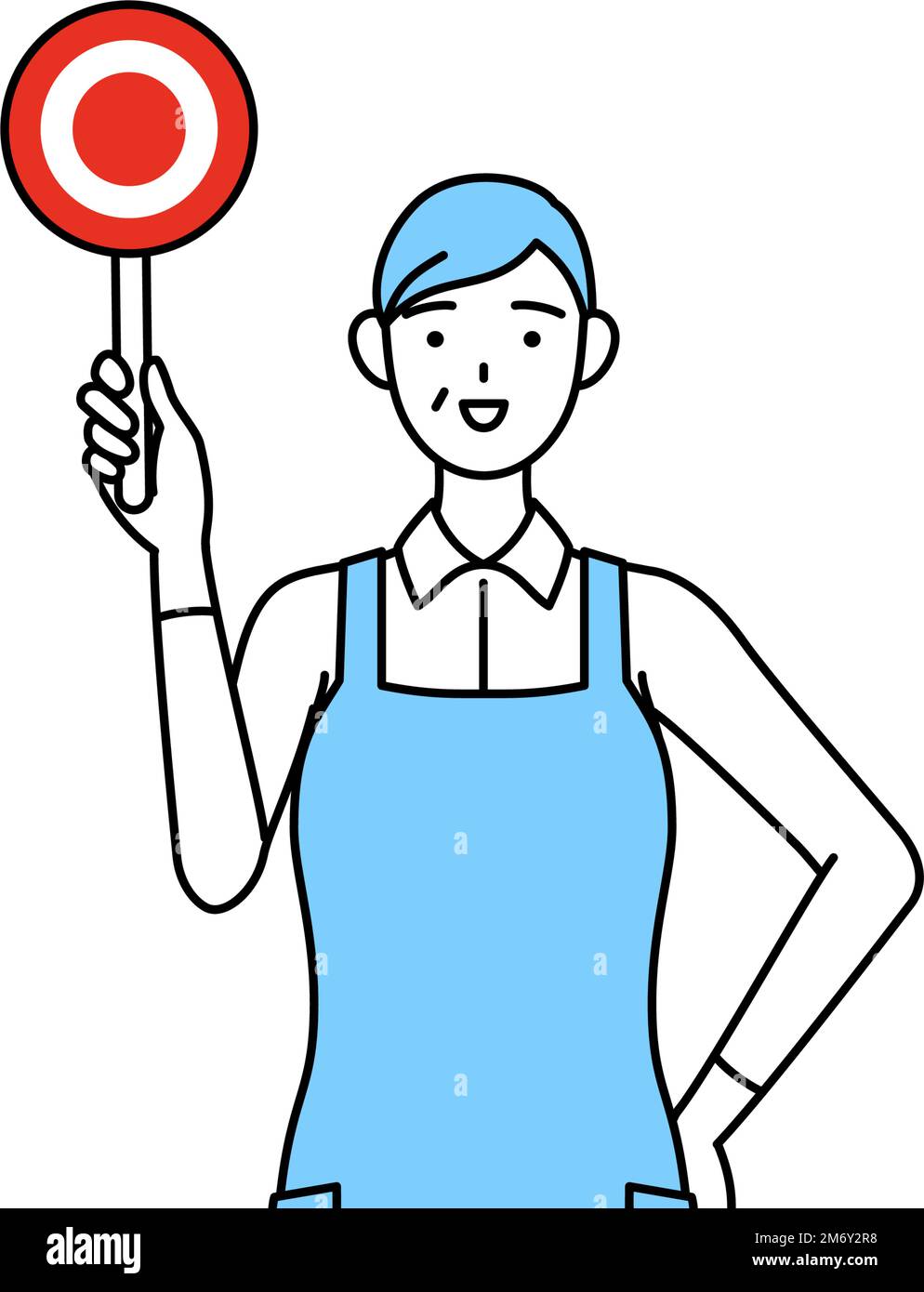 A senior woman in an apron with his hands folded in front of his body ...
