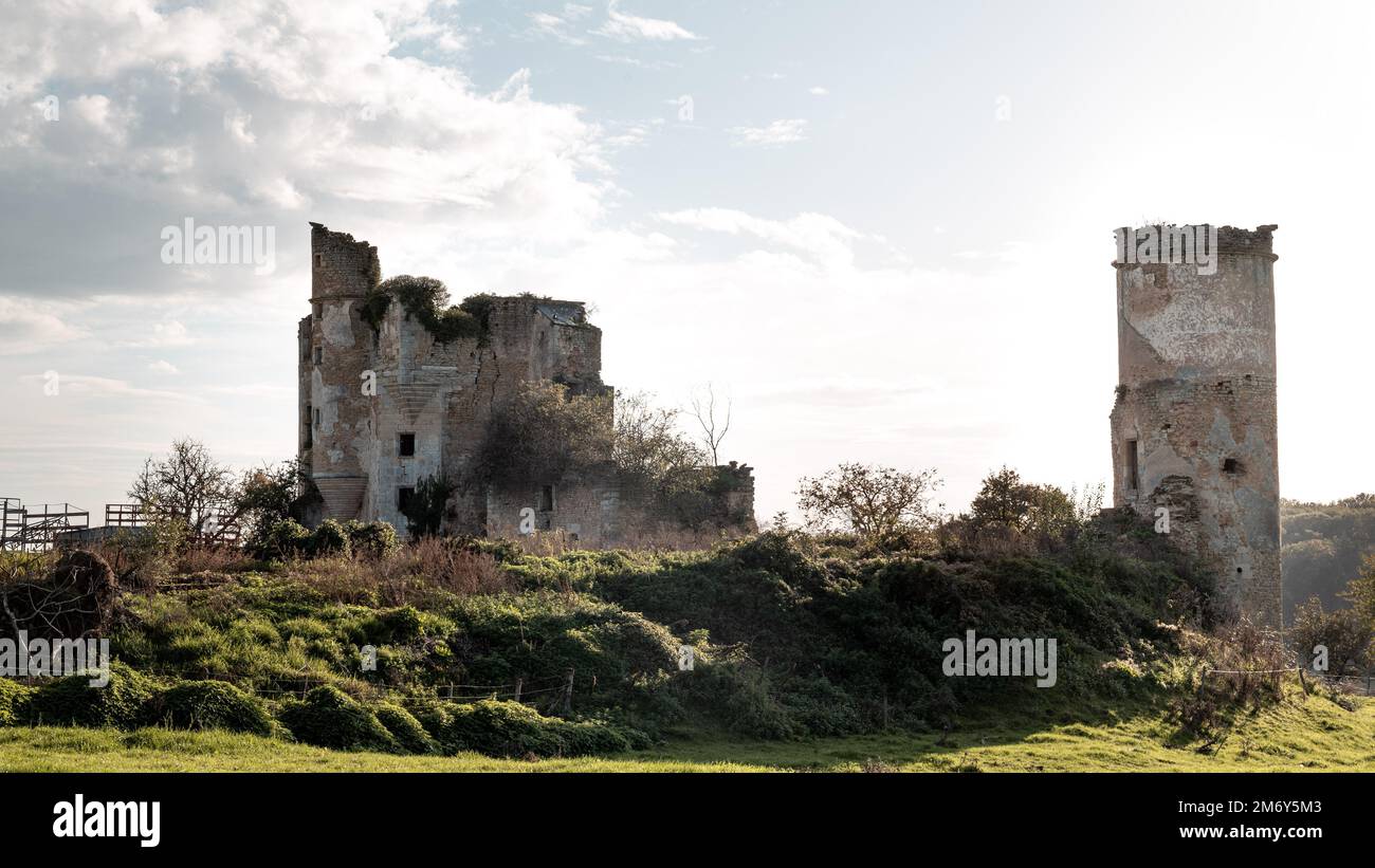 Photograph of an abandoned and ruined castle.Old ruined abandoned castle. Ruined fortress in French. Bourgogne Stock Photo