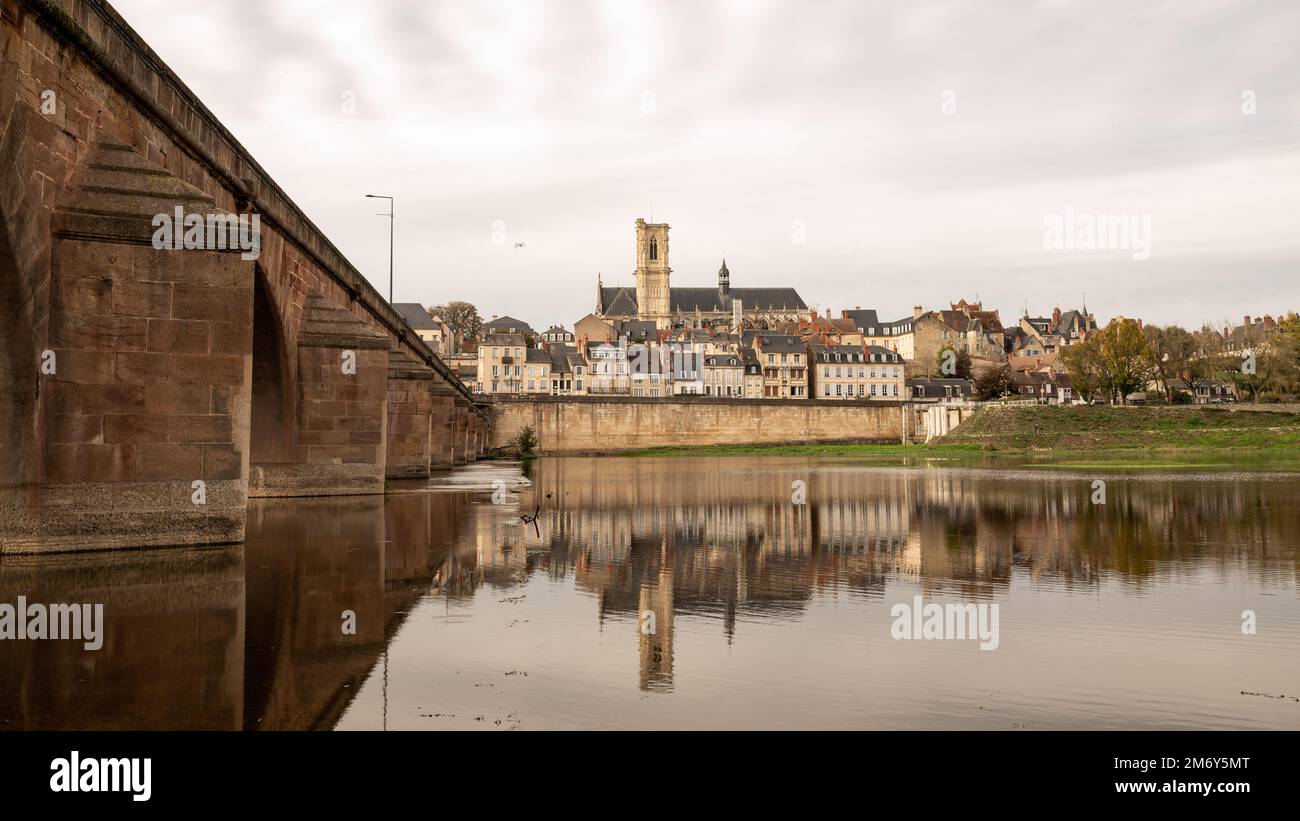 Wide shot of the city of Nevers. France, Bourgogne. Nevers. Bridge Nevers Stock Photo