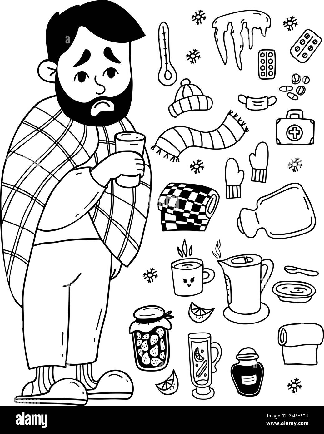 Sick sad bearded man wrapped in blanket with cup. collection of treatment items pills, scarf, hat, gloves, jam, kettle, mulled wine, heating pad and t Stock Vector