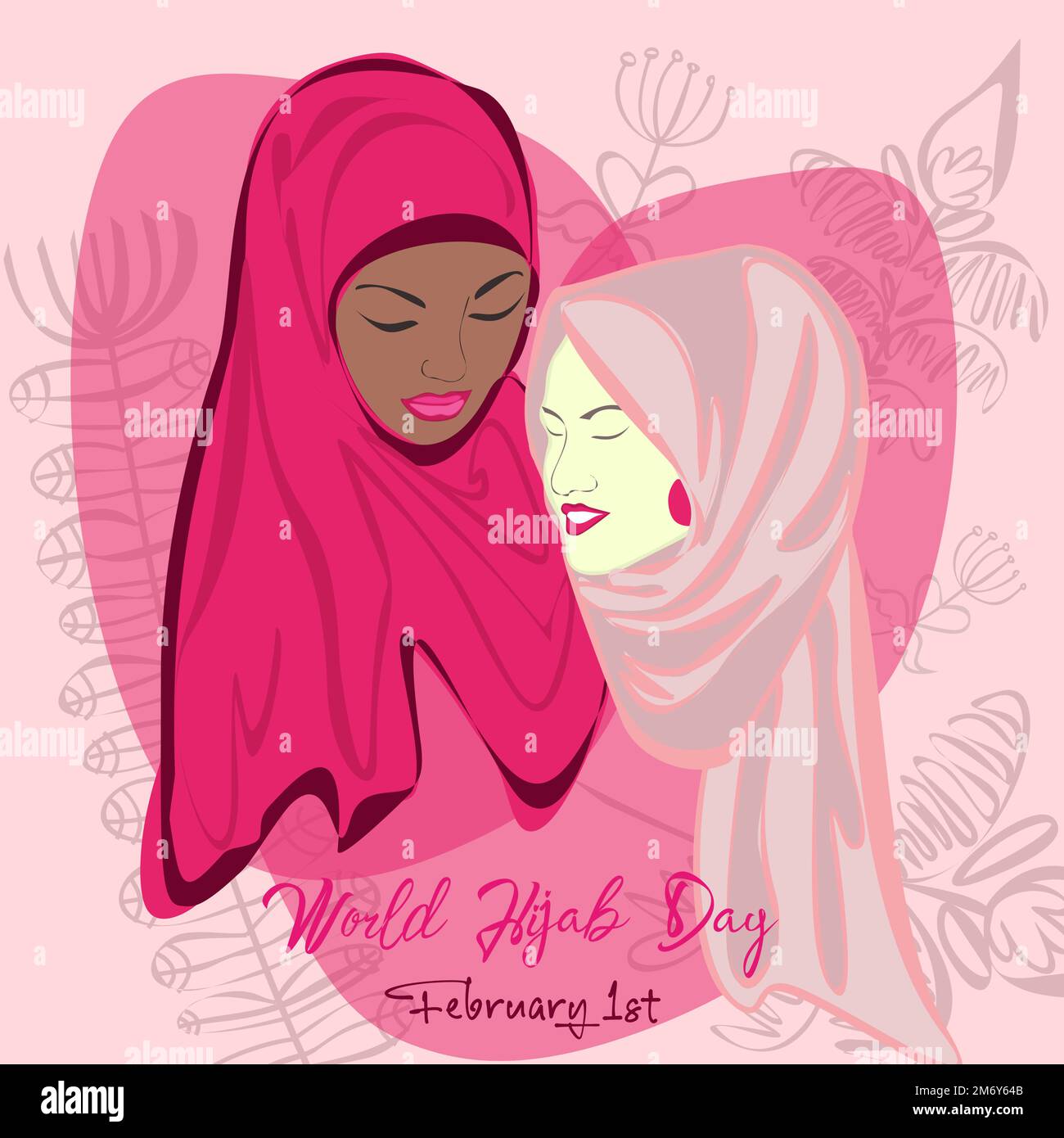 World Hijab day on february 1 international day celebration and greeting design. Hijab muslim women headcover. Logo, concept, banner, sticker, card. Stock Vector