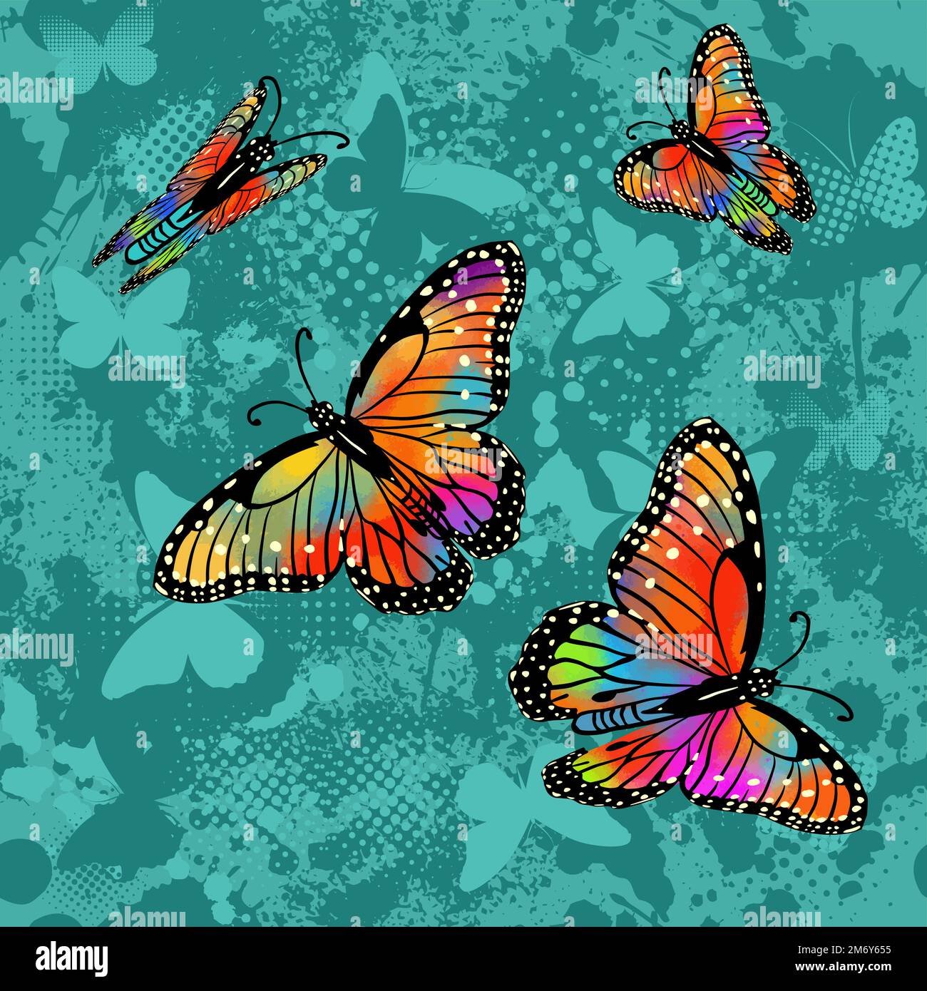 Seamless blue grunge background with blots and rainbow butterflies ...