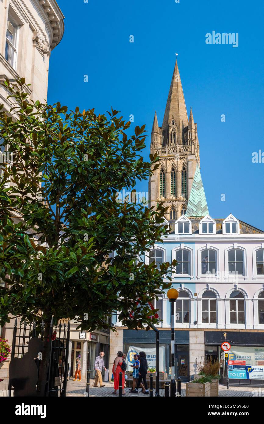The spire of Truro Cathedral in Truro City centre in Cornwall in the UK. Stock Photo