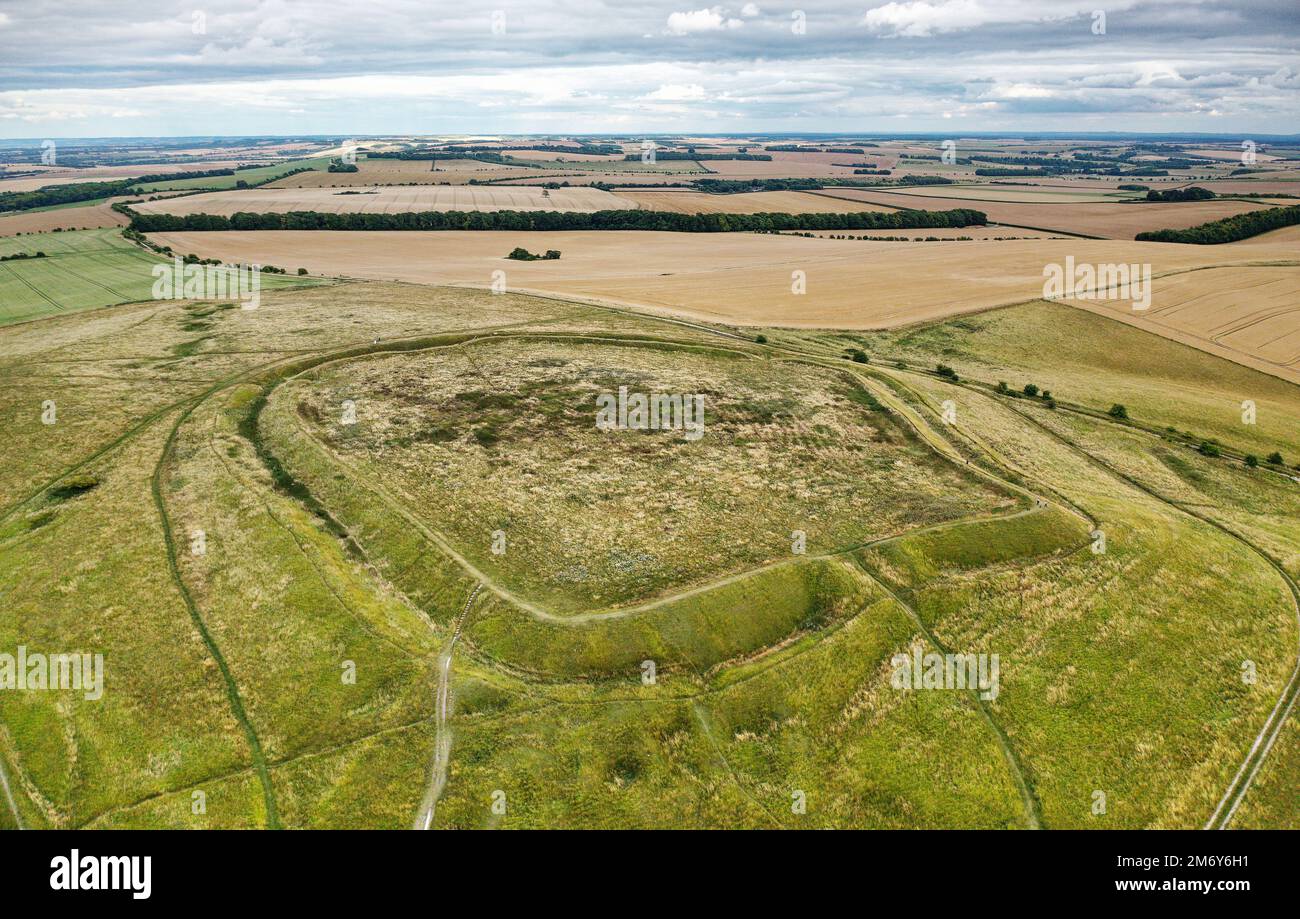 Uffington Castle univallate prehistoric hillfort, dating from late Bronze Age early Iron Age, on the Berkshire Downs, Oxfordshire, England. View S. E. Stock Photo