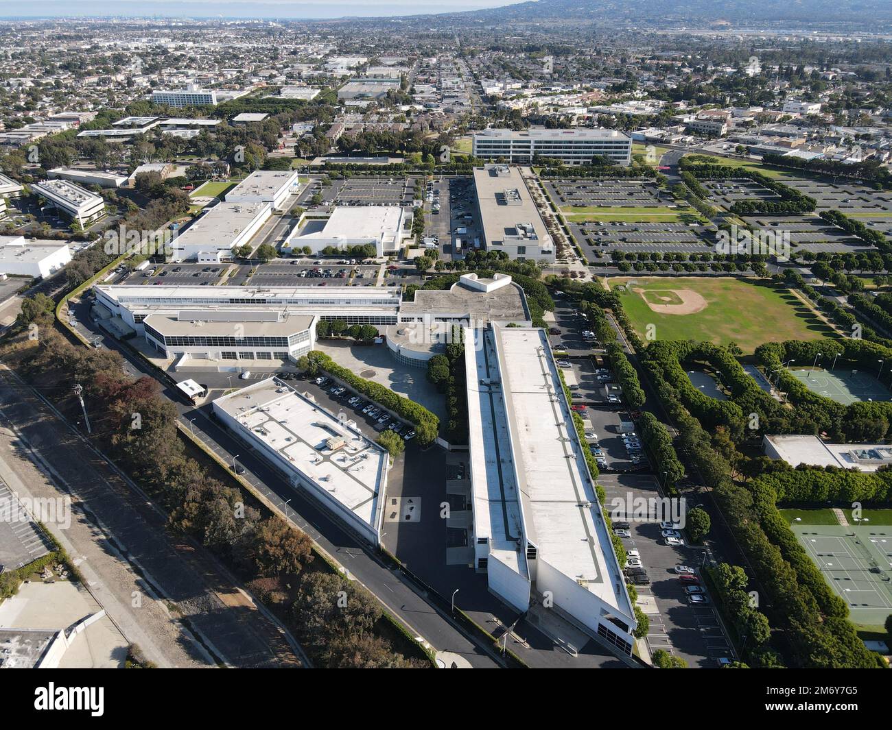 An aerial view of cityscape Torrance surrounded by buildings Stock