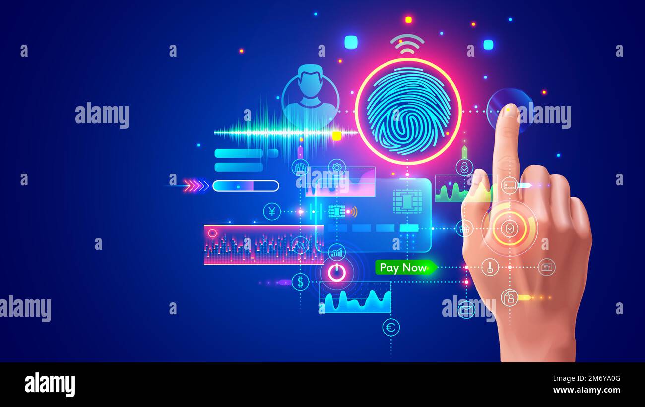 Authorization with fingerprints in banking app for payment. System of Identify person in internet service. Digital access with biometric data technolo Stock Vector