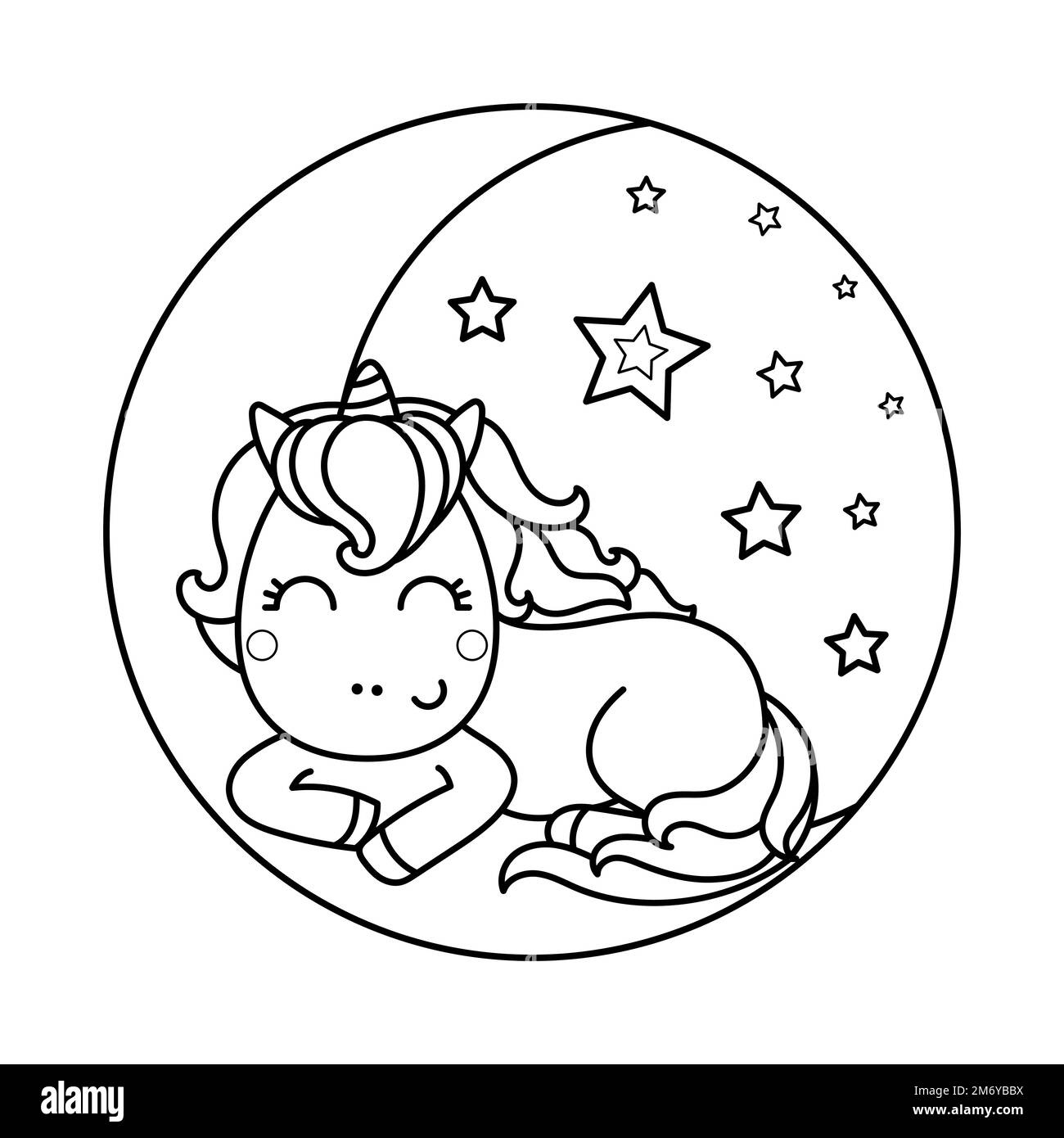 Cute kawaii unicorn sleeps on the moon. Black and white linear image. Vector Stock Vector