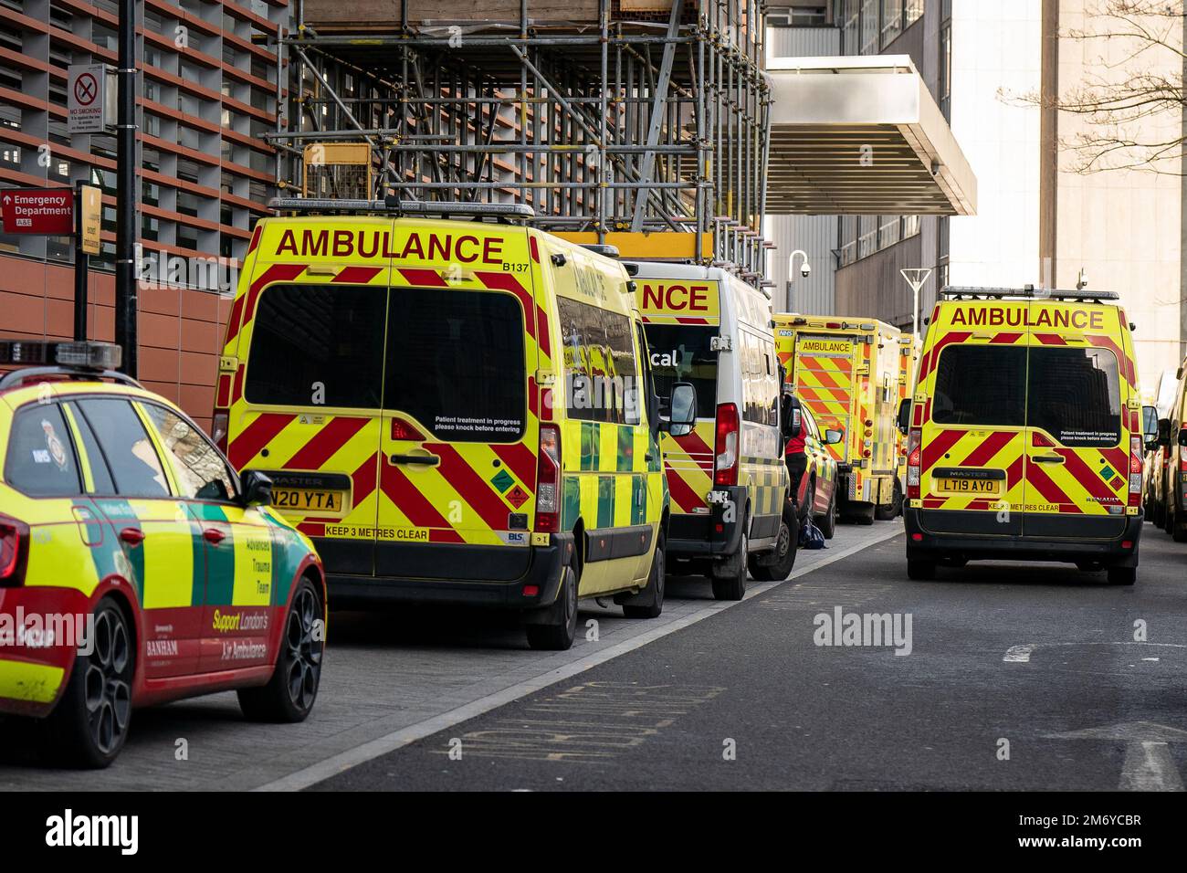 Ambulances waiting at an Emergency Department (A&E) at the Royal London