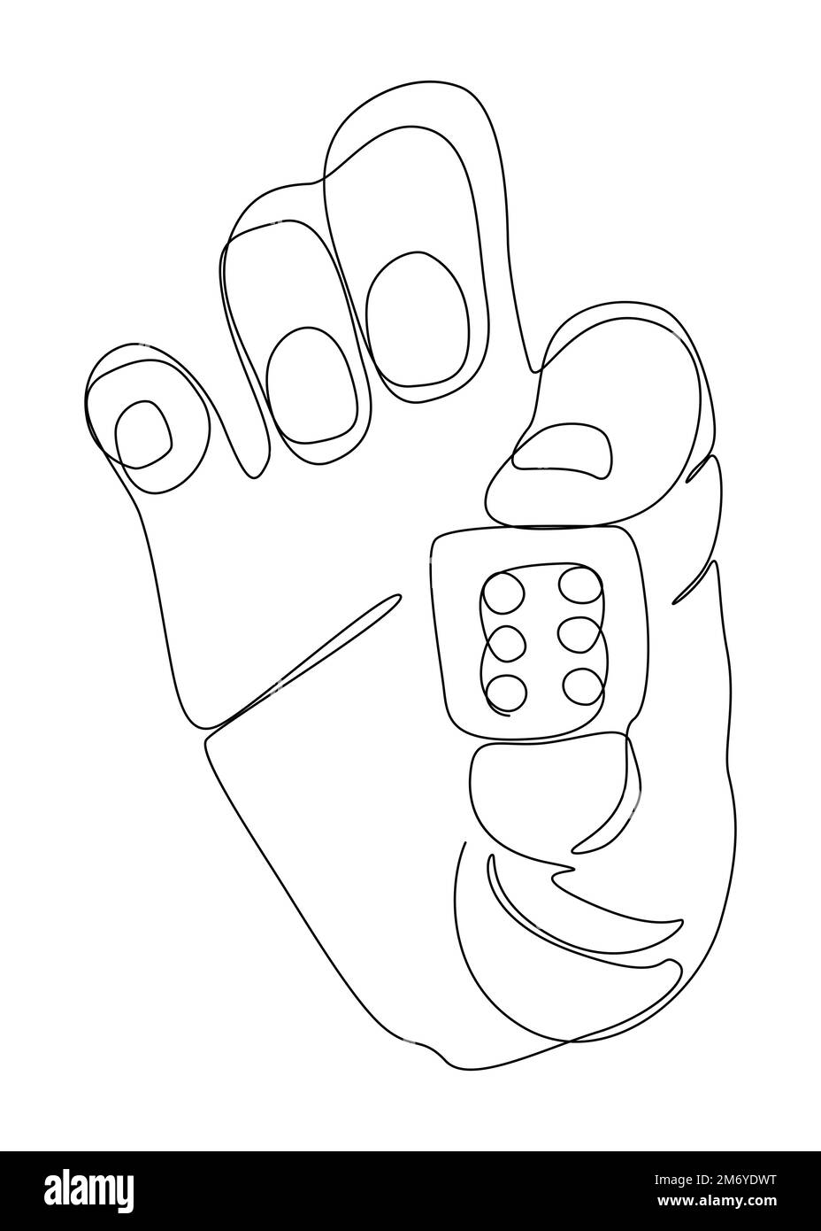 One white continuous line drawing hand with dice. Thin Line Illustration vector concept on black background. Contour Drawing Creative ideas. Stock Vector