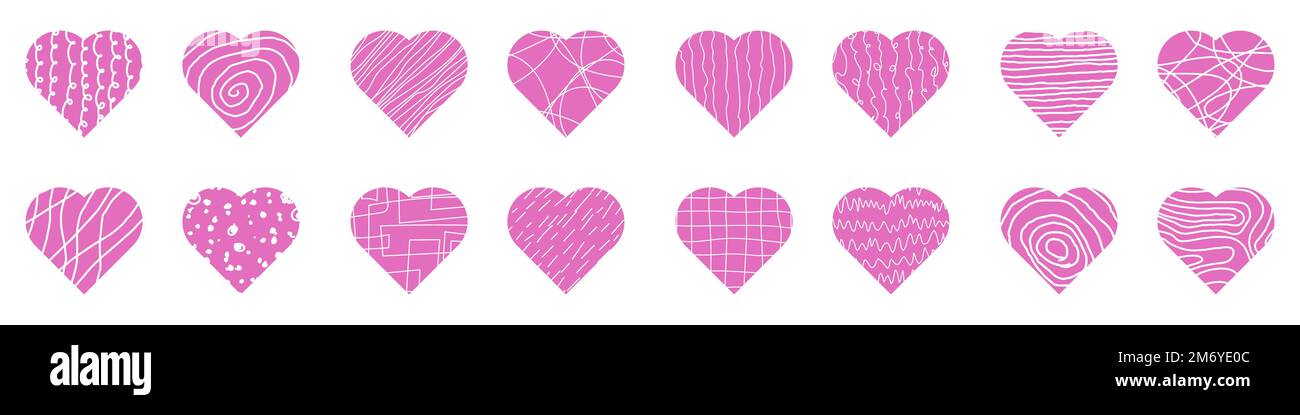 Big set of pink hearts. Vector illustration heart shapes. Cute hand drawn doodle hearts. Romantic background Stock Vector