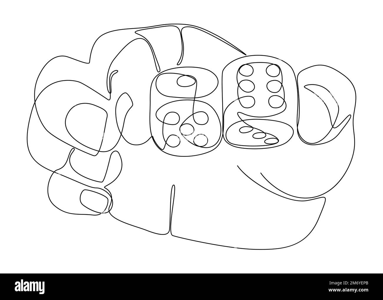 One white continuous line drawing hand with dice. Thin Line Illustration vector concept on black background. Contour Drawing Creative ideas. Stock Vector