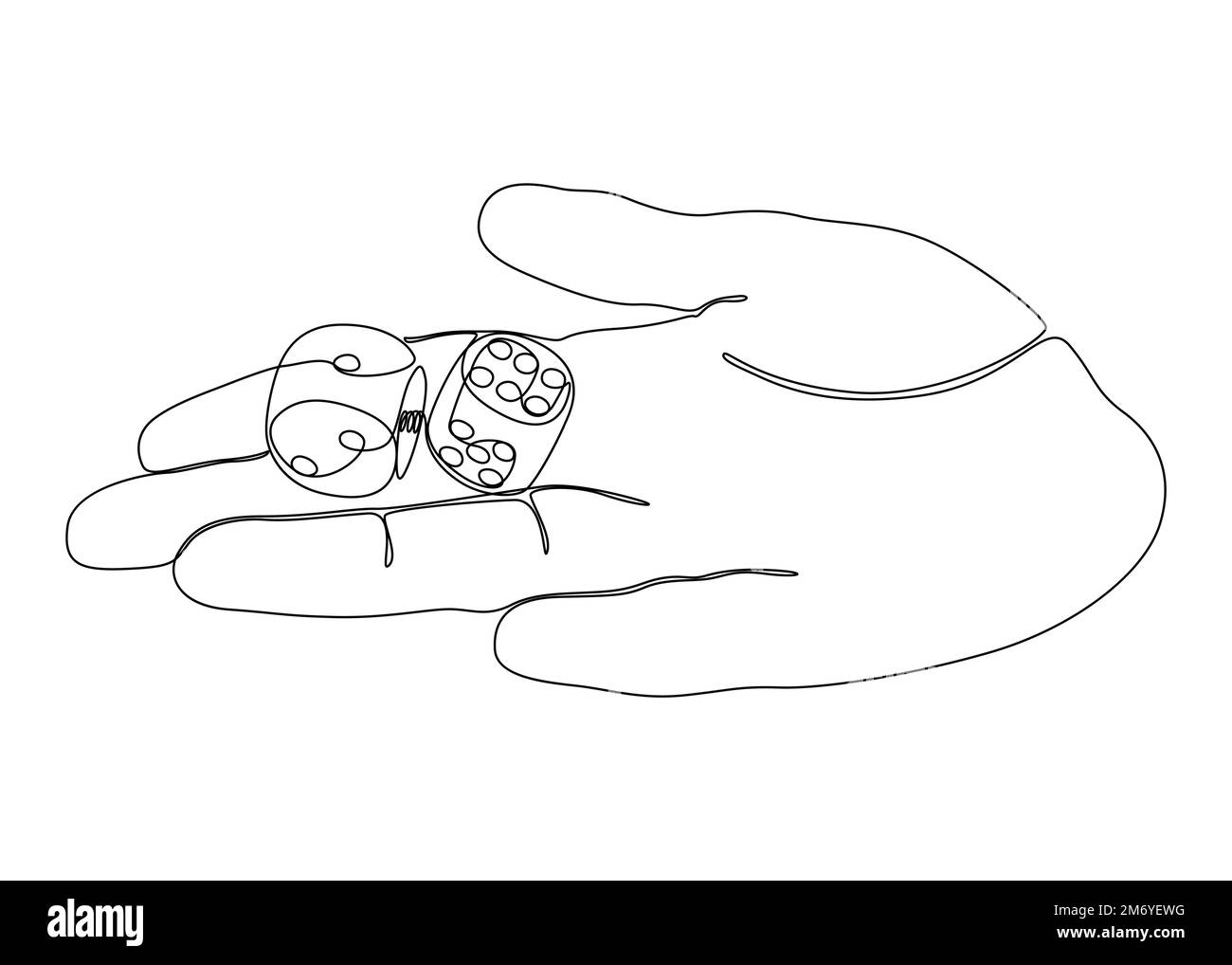 One white continuous line drawing hand with dice. Thin Line Illustration vector concept on black background. Contour Drawing Creative ideas. Stock Vector