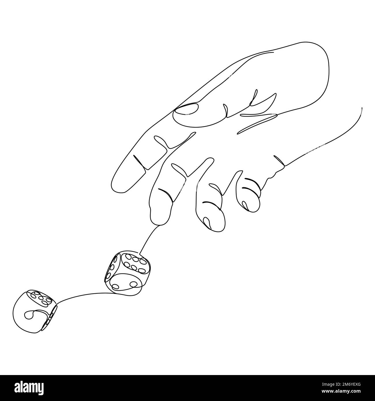 One white continuous line drawing hand with dice. Thin Line Illustration vector concept on black background. Contour Drawing Creative ideas. Stock Vector