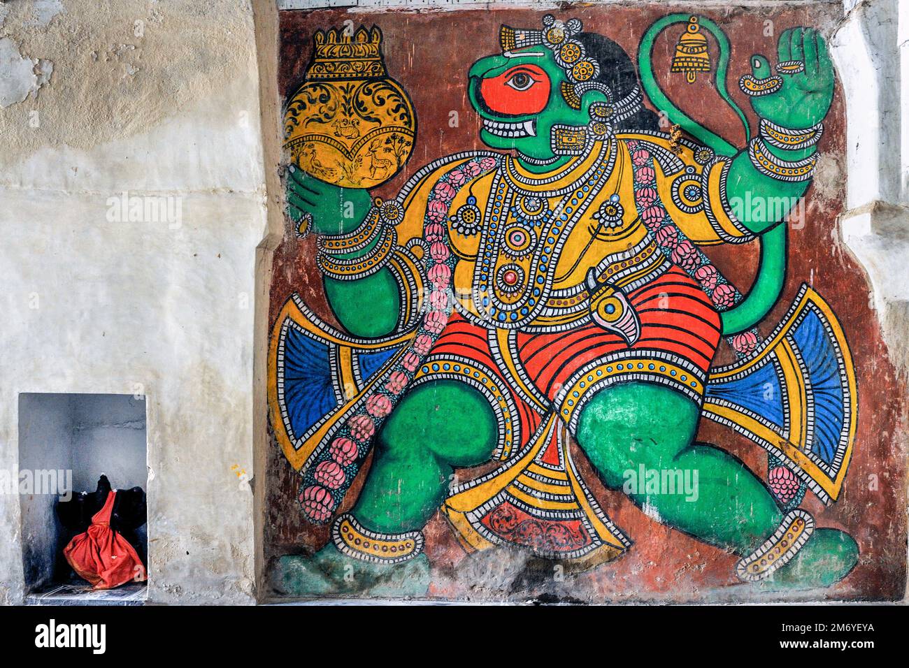 08 22 2009 Mural painting of Hanuman in Maratha Darbar Hall in Tanjore