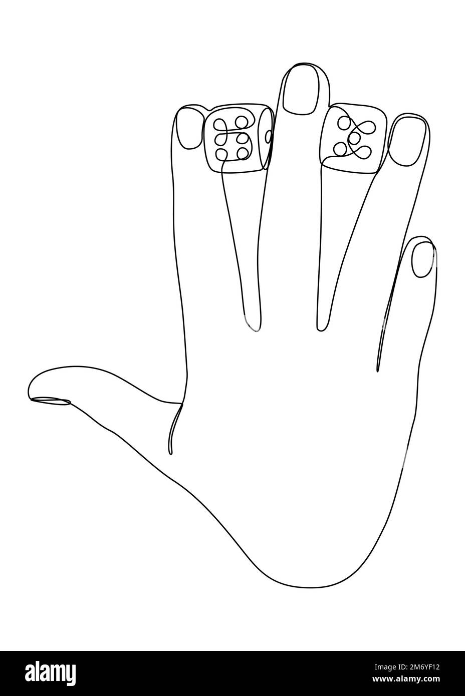 One white continuous line drawing hand with dice. Thin Line Illustration vector concept on black background. Contour Drawing Creative ideas. Stock Vector