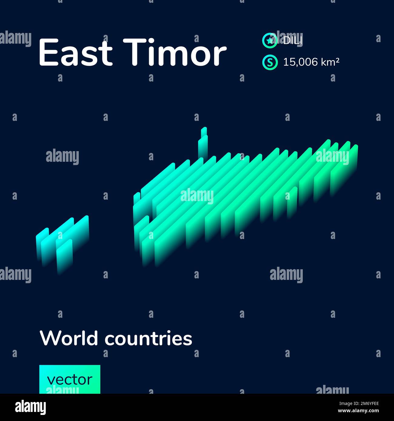 Stylized striped vector isometric map of East Timor with 3d effect. Map of East Timor is in neon green and mint colors on the dark blue background Stock Vector