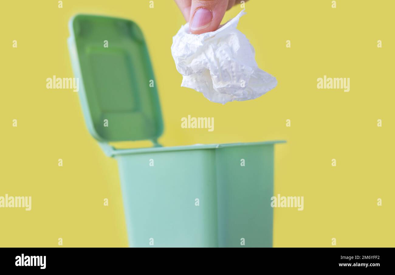 woman hand throwing in trash mini small garbage bin can broken