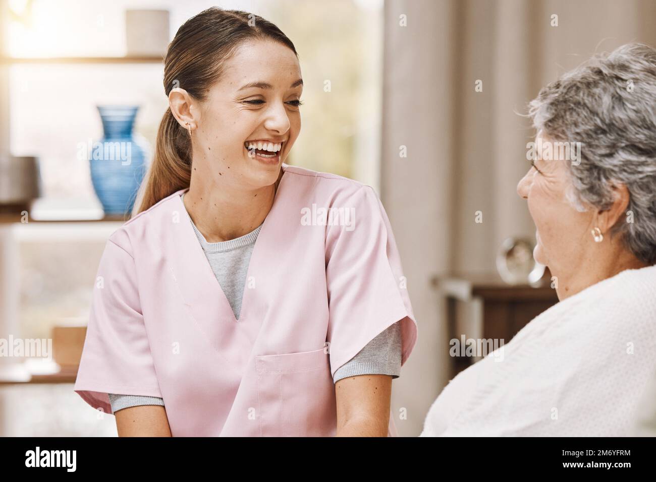 Nurse, woman and nursing home support, help and kindness for medical homecare service. Happy healthcare caregiver, trust and empathy for senior Stock Photo