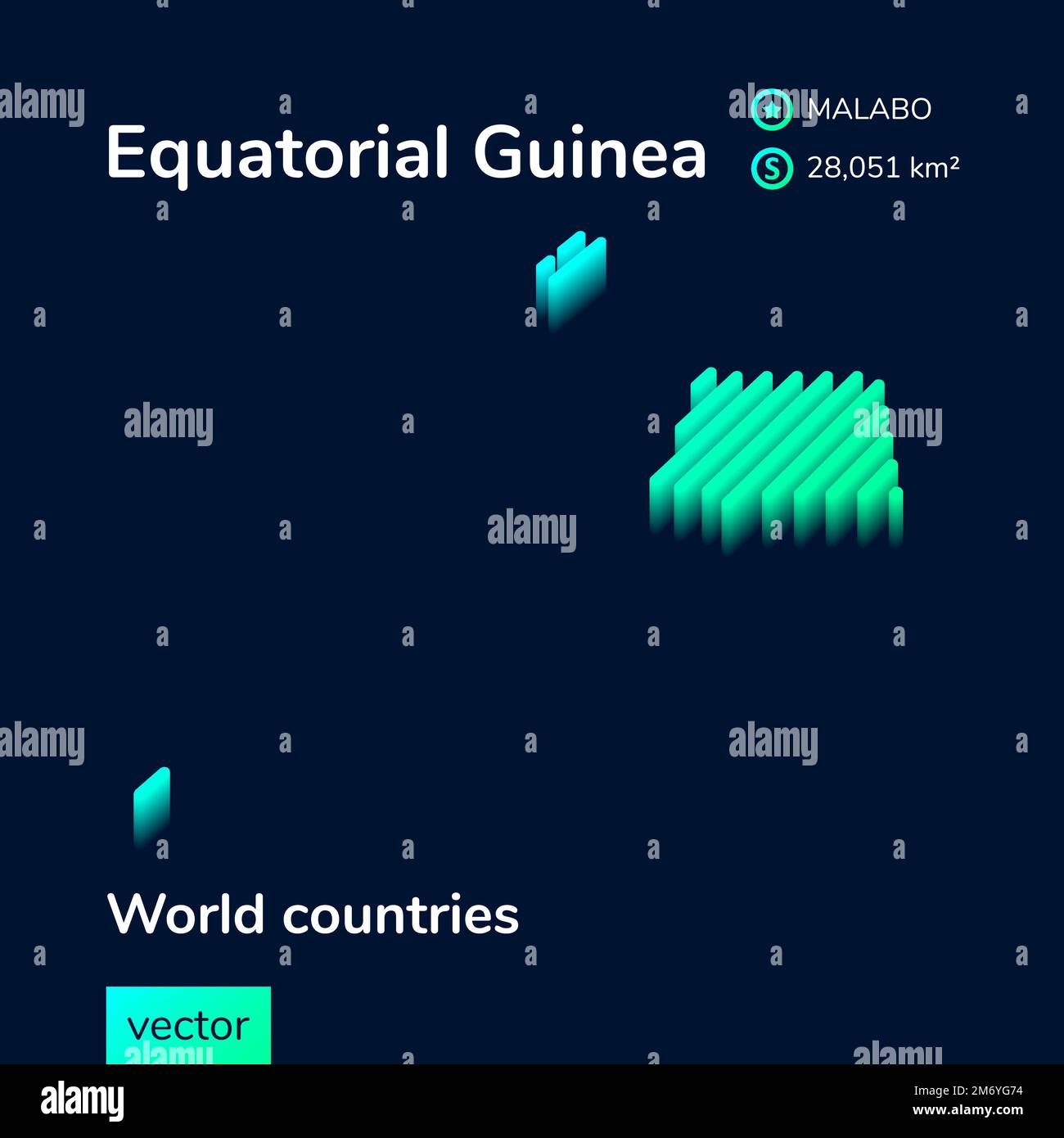 Equatorial Guinea 3D map. Stylized striped vector isometric map is in neon green and mint colors on the dark blue background Stock Vector