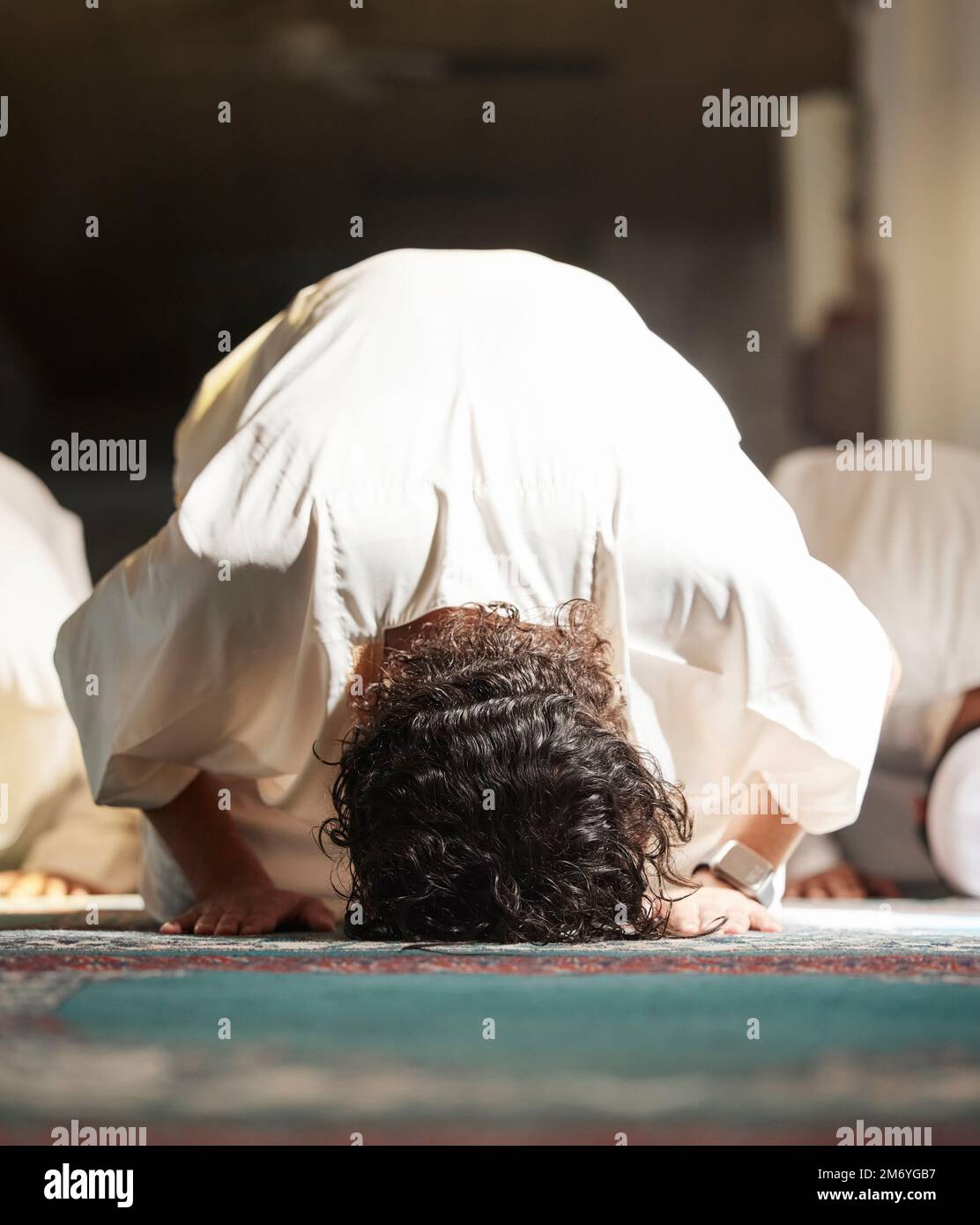 Muslim, prayer and mosque with a man praying in faith or faith for fajr ...