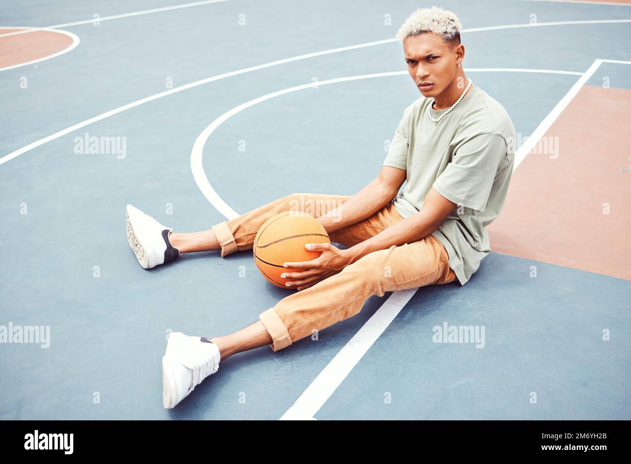 Black man, basketball court and portrait for fashion, sports or outdoor ...