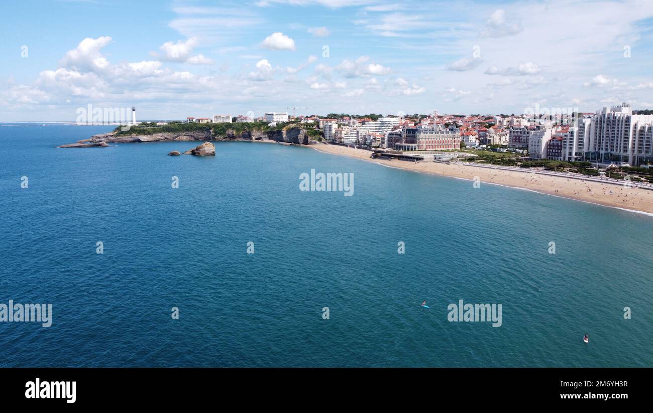 San Sebastian Bay in Spain & Biarritz France aerial footage taken from a  drone, perfect summer weather clear blue skies with warm sea water Stock  Photo - Alamy