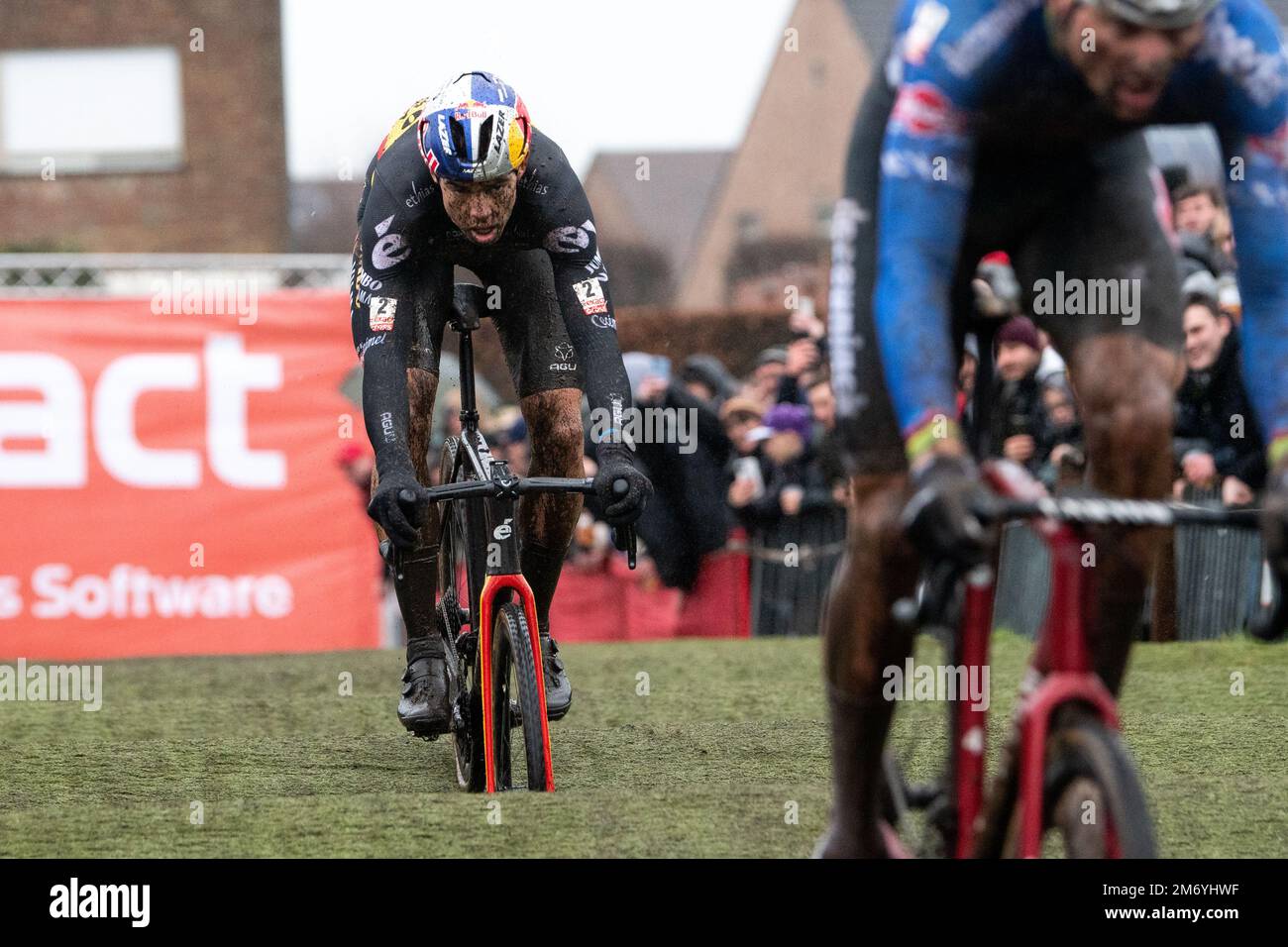 Wout van Aert chasing Mathieu van der Poel through the pump track in the Azencross Loenhout cyclocross race Stock Photo Alamy