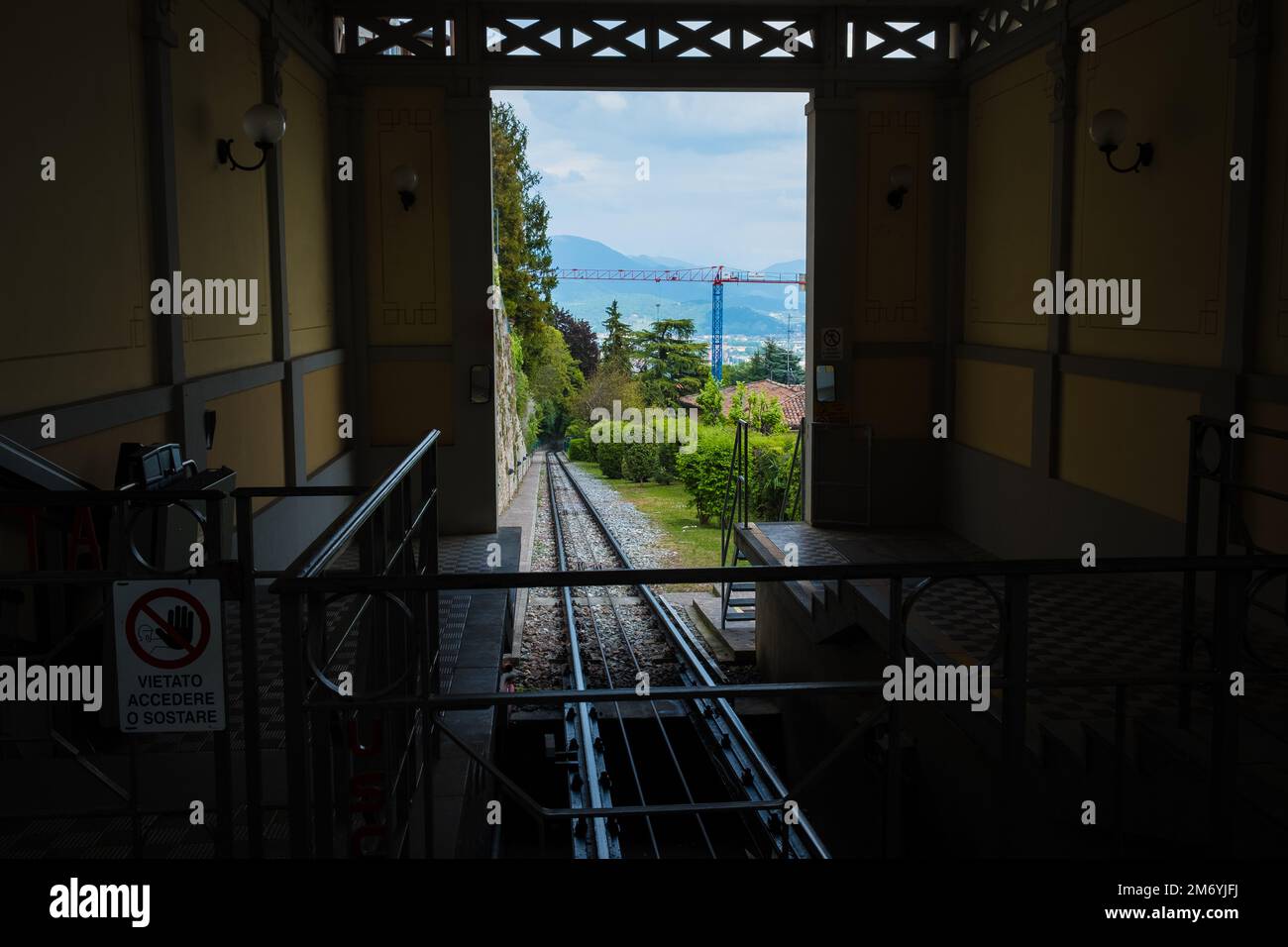 Bergamo, Italy May 4, 2022 San Vigilio cable car station or Funicolare in Italian Stock Photo Bergamo, Italy May 4, 2022 San Vigilio cable car station or Funicolare in Italian Stock Photo