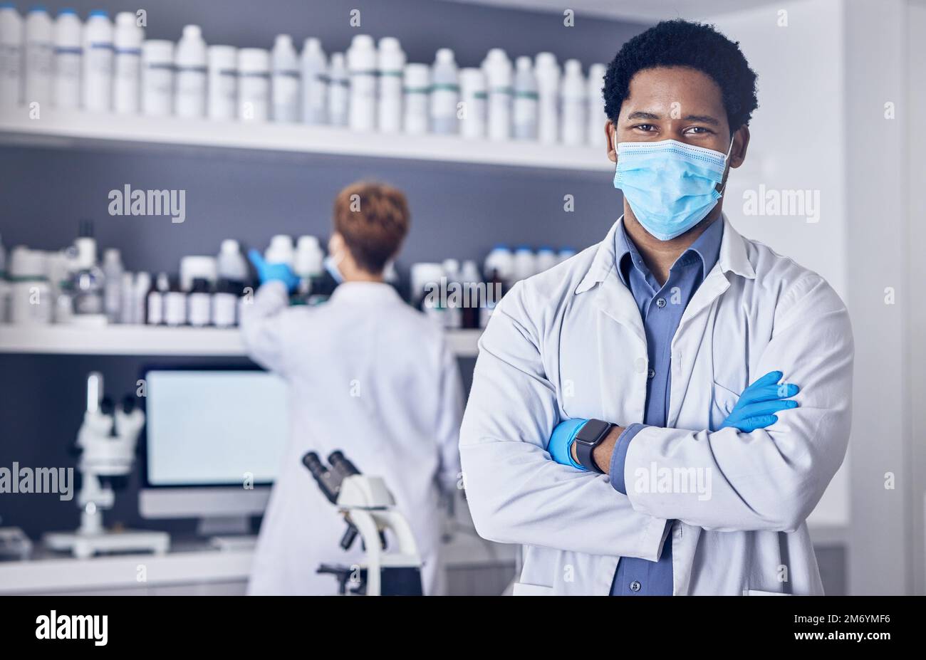 Science, covid and portrait of man in laboratory, leadership and motivation in vaccine development in South Africa. Healthcare, phd scientist or black Stock Photo