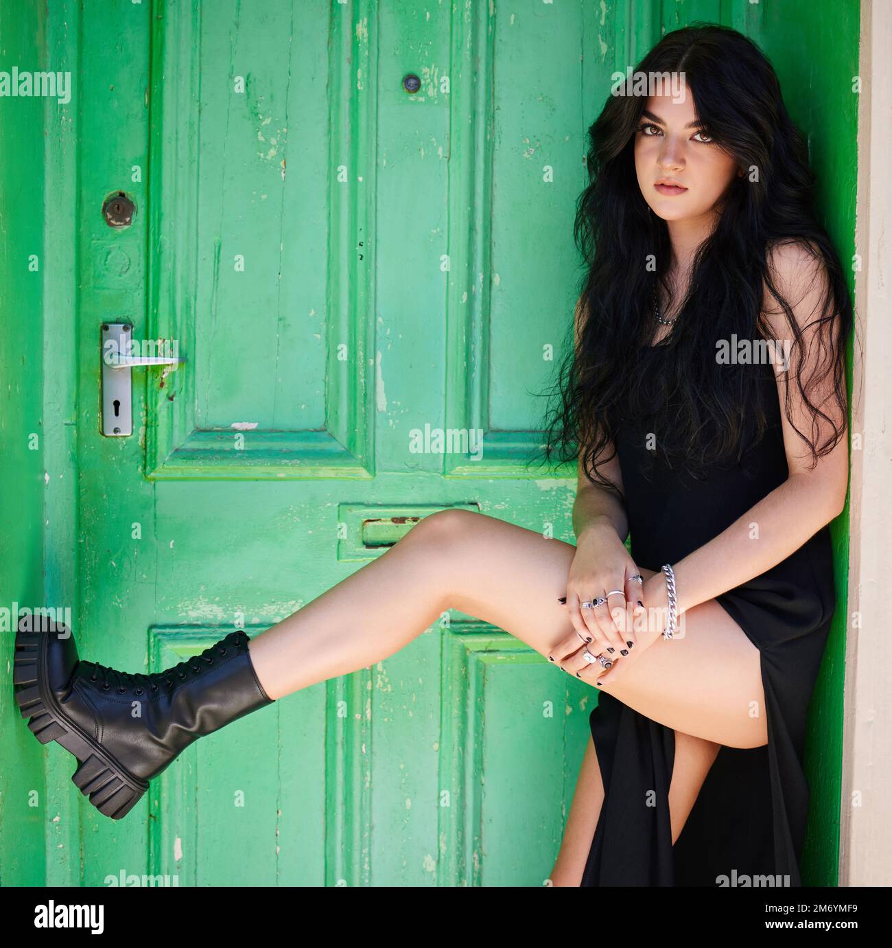 Woman, edgy fashion or green city door in gen z clothing brand