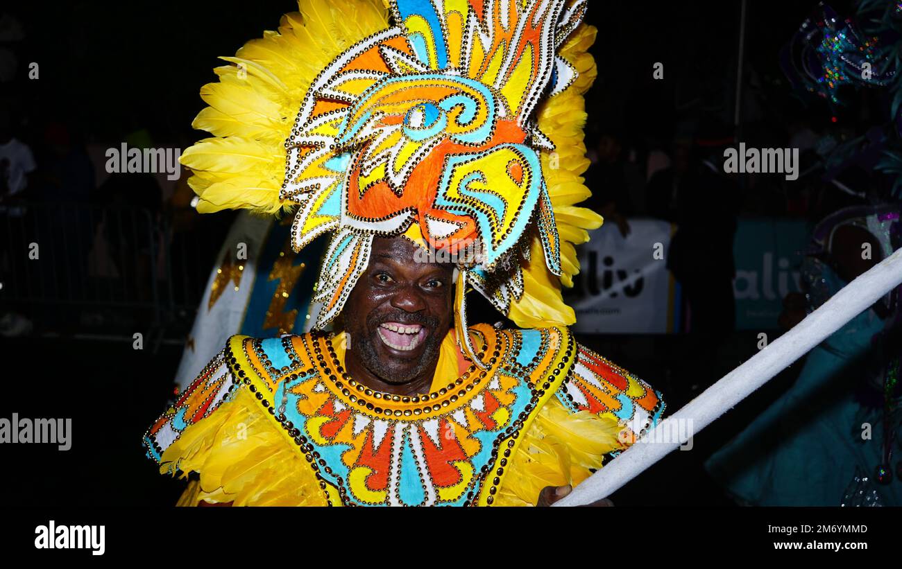 A man in a traditional costume during a Junkanoo parade in the Bahamas. Stock Photo