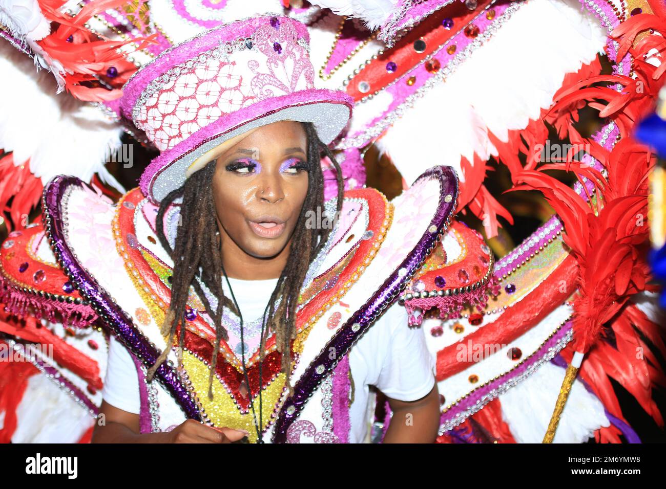 A woman in a traditional costume during a Junkanoo parade in the ...