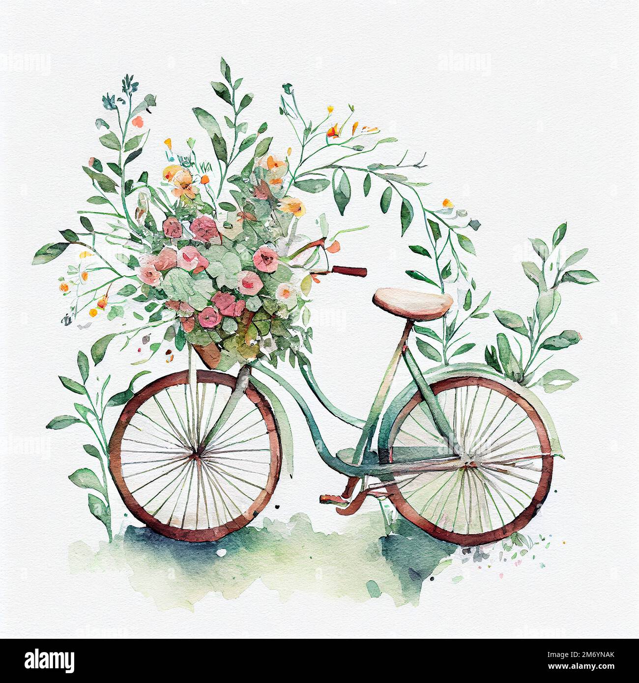 Cute Watercolor Bike with Flowers Illustrated Stock Photo - Alamy