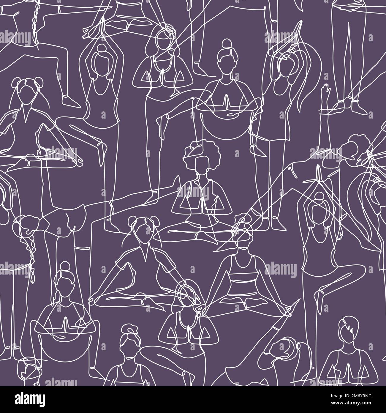 Seamless pattern with single line drawings of a girl sitting and ...