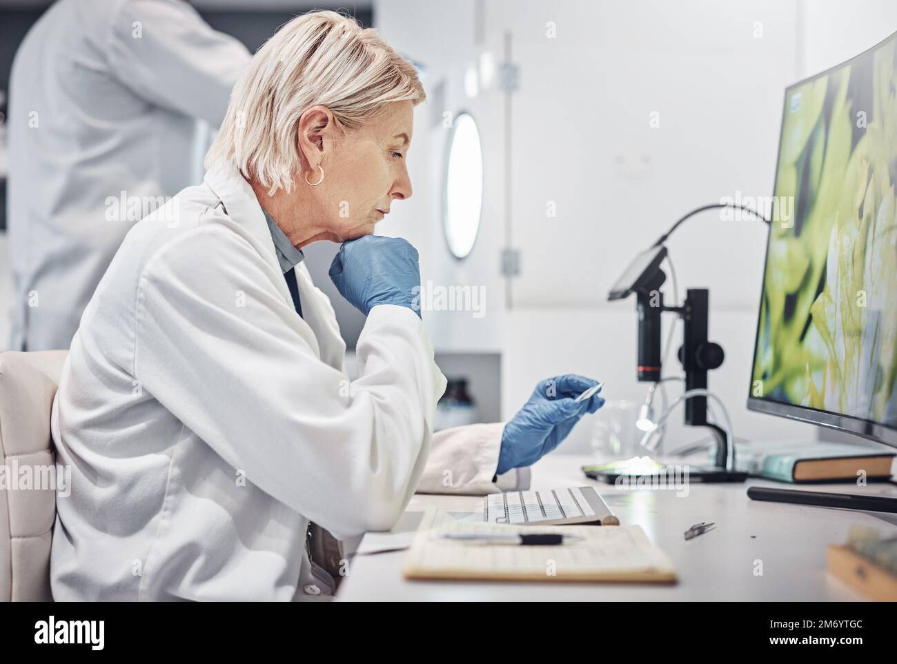 Science, research and sample in lab with a doctor woman working on scientific analysis. Experiment, slide and a female scientist in laboratory with Stock Photo