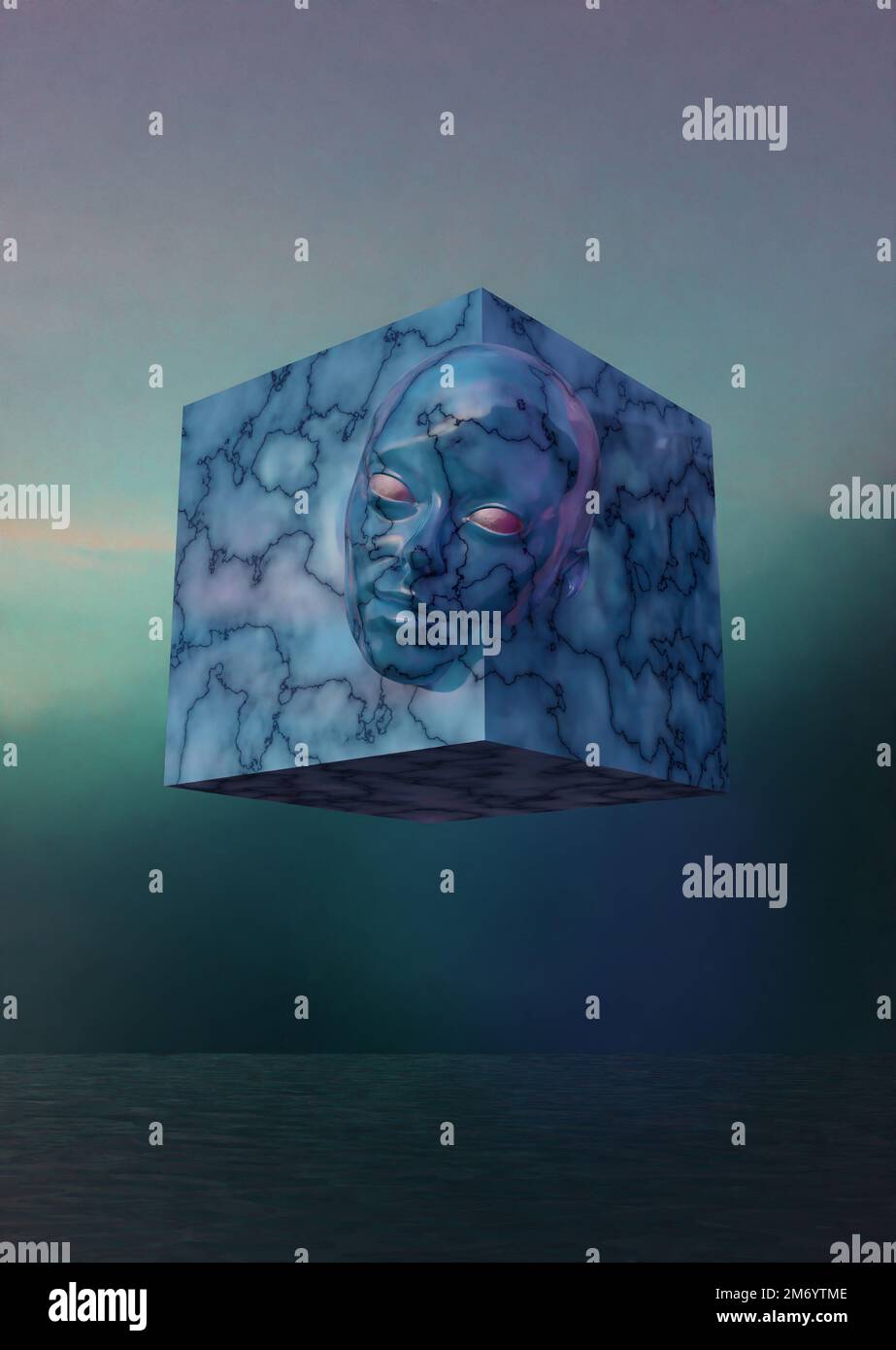 Abstract 3d render illustration of a head in a cube above water Stock Photo
