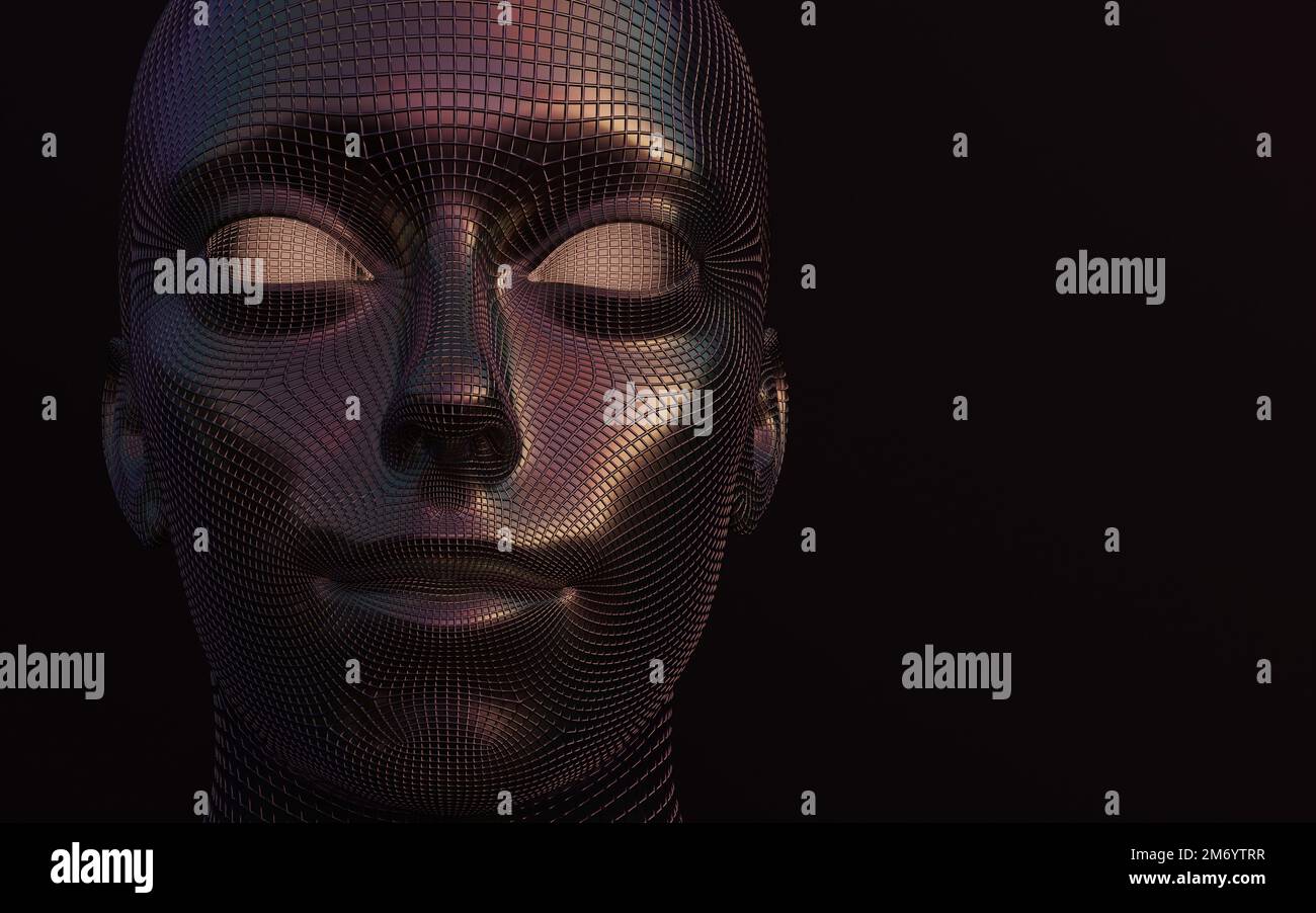 Abstract illustration of metallic human face on a black background Stock Photo