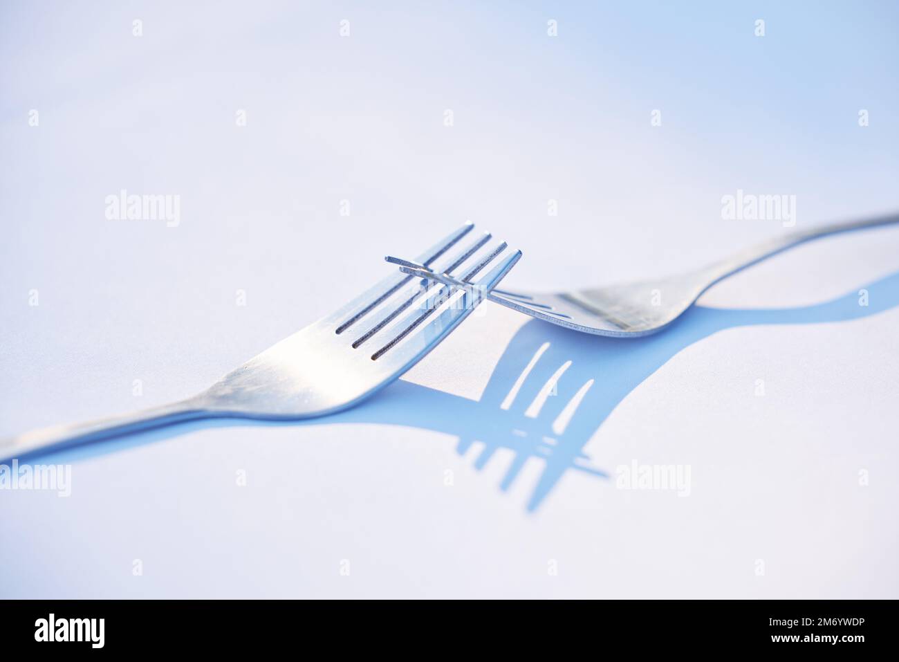 Dinner, shadow and forks on a table for partnership, teamwork and ...