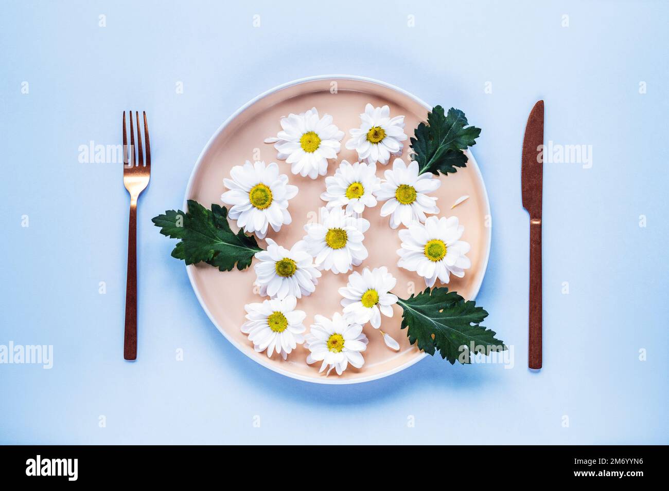 Plate with white flowers, fork and knife. Diet concept. Top view, flat