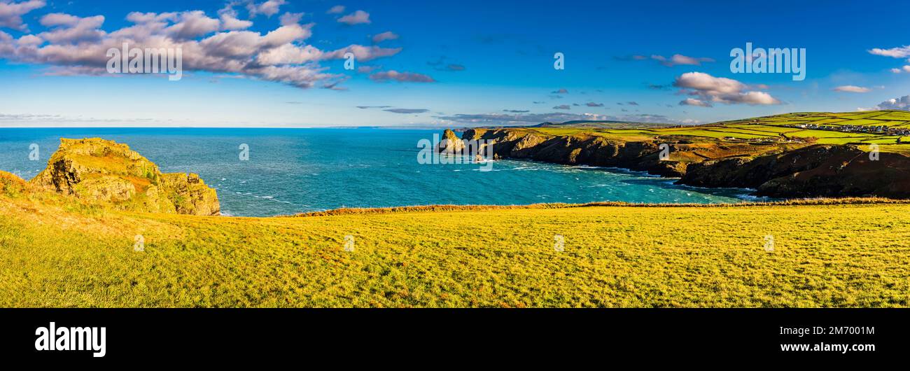 Panorama across Benoath Cove and Bossiney Haven, Tintagel, Cornwall, UK