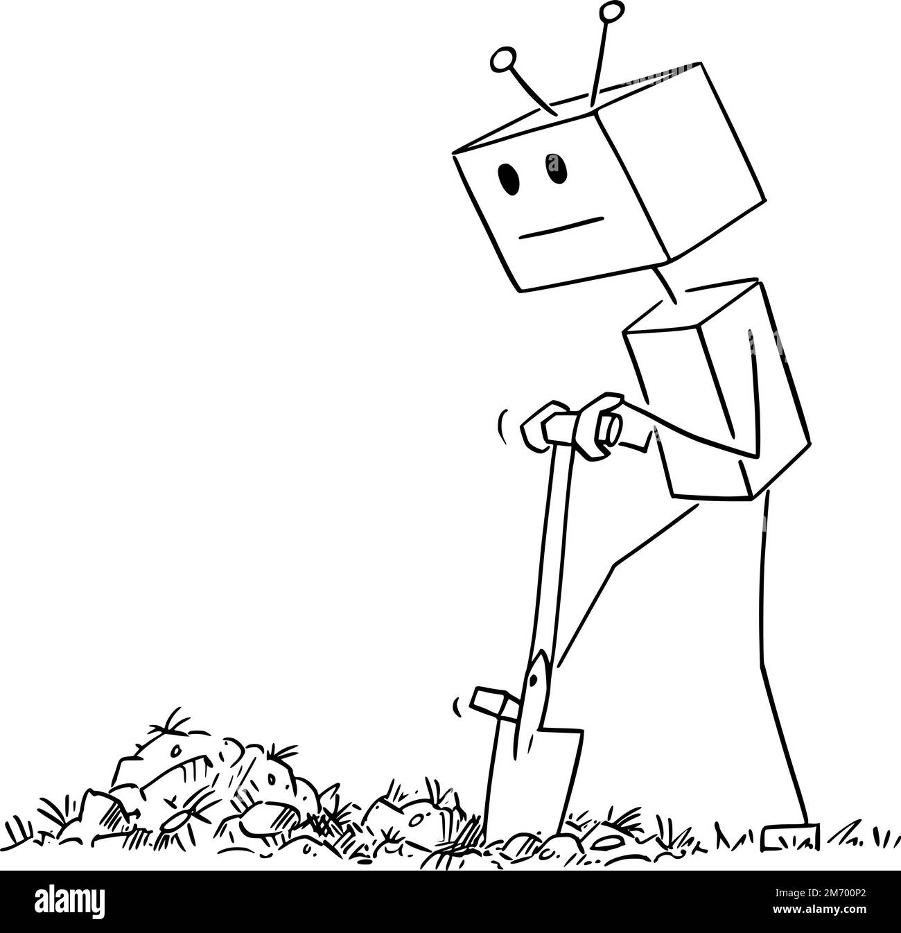 Robot Digging Hole on Garden, Vector Cartoon Stick Figure Illustration