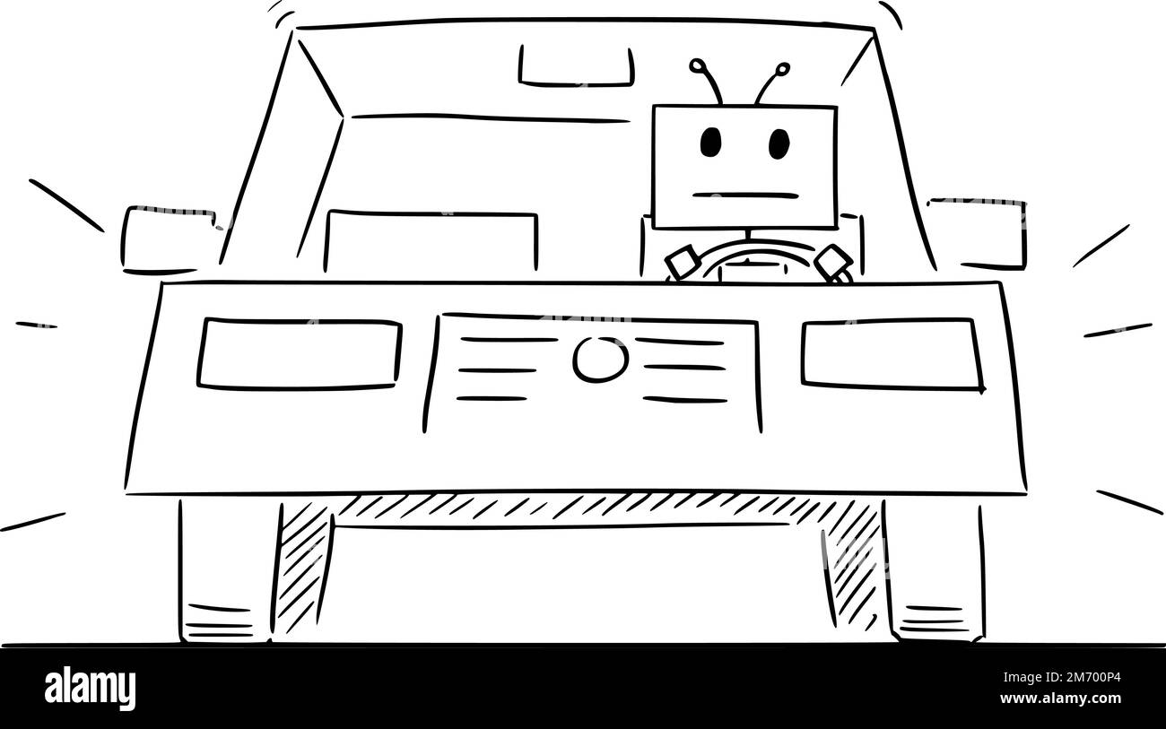 Robot or Artificial Intelligence as Driver in Car, Autonomous Driving, Vector Cartoon Stick Figure Illustration Stock Vector