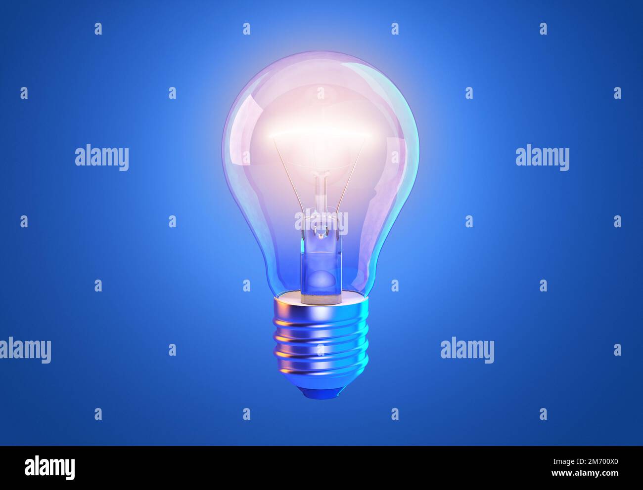 Transparent tungsten glowing light bulb with shining light, isolated on blue background. Innovation, effective thinking, inspiration, invention, creat Stock Photo