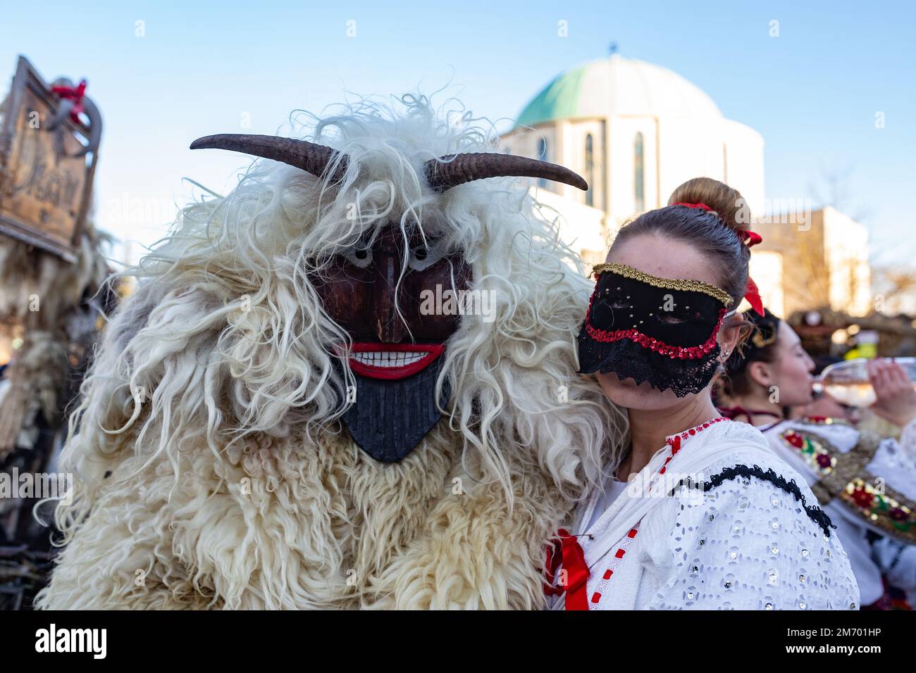 Couple in traditional costume during the annual Buso festivities / Poklade from Mohacs, Hungary Stock Photo