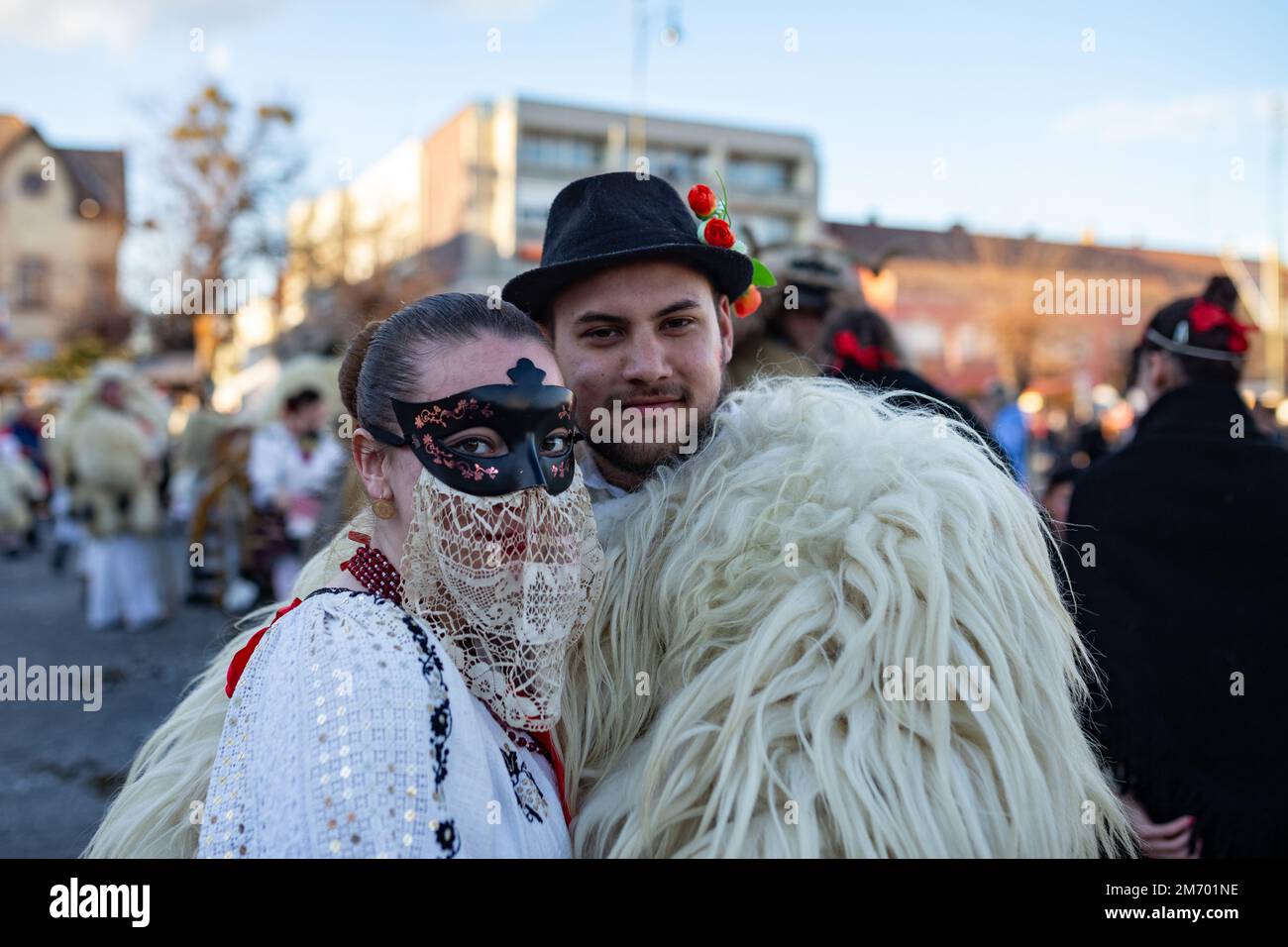 Couple in traditional costume during the annual Buso festivities / Poklade from Mohacs, Hungary Stock Photo