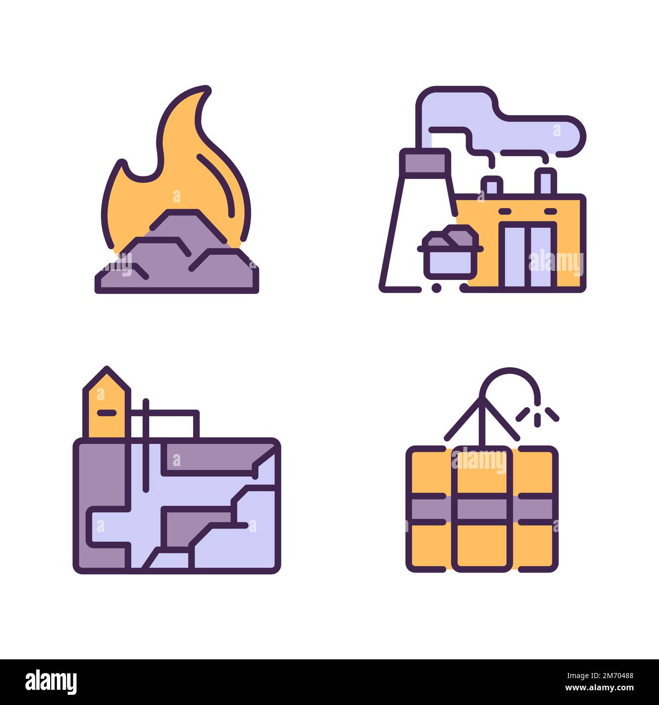 Coal processing pixel perfect RGB color icons set Stock Vector