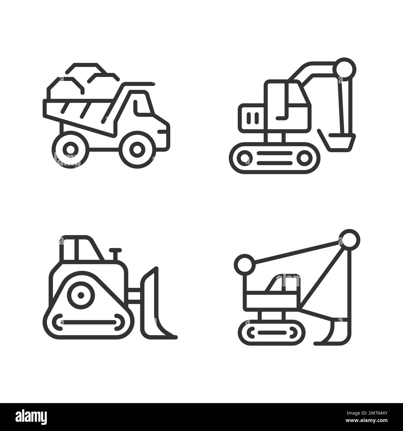 Mining vehicles pixel perfect linear icons set Stock Vector