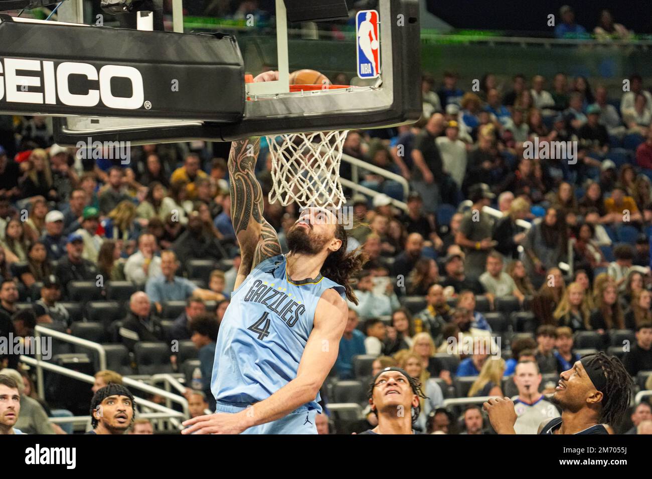 Orlando, Florida, USA, January 5, 2023, NBA Memphis Grizzlies center Steven Adams #4 makes a dunk in the first half at the Amway Center.  (Photo Credit:  Marty Jean-Louis) Stock Photo